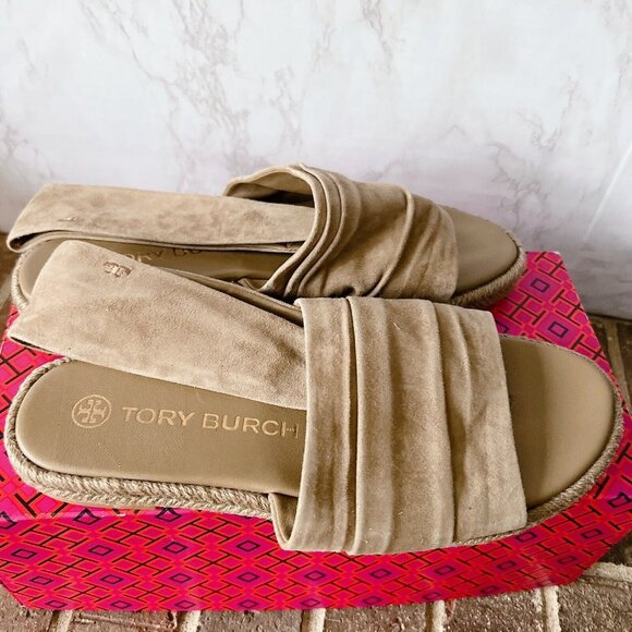 TORY BURCH Gathered Slingback ESPADRILLE Thong SANDAL NEUTRAL SUEDE US 8.5 - Picture 4 of 9